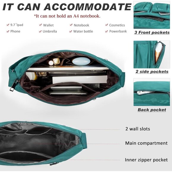 Women Lake Blue-m Nylon Water Resistant Anti Theft Travel Crossbody Shoulder Bag - Picture 4 of 6